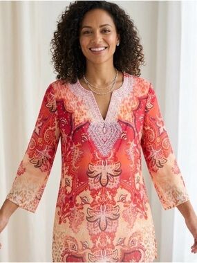 NWOT Chico’s Beaded Embellished Coastal V neck Tunic Orange Size 3 or XL 16